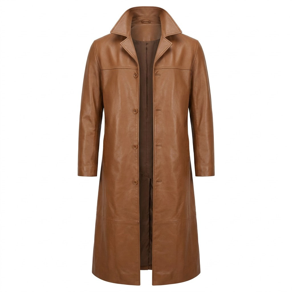 Anselm long leather coat in tan, front view showing the single-breasted buttons and knee seam