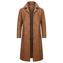 Anselm long leather coat in tan, front view showing the single-breasted buttons and knee seam