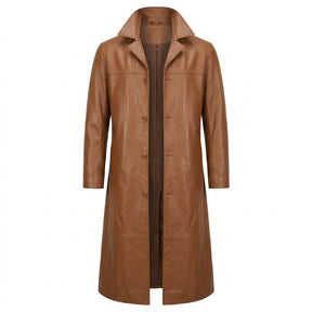 Anselm long leather coat in tan, front view showing the single-breasted buttons and knee seam