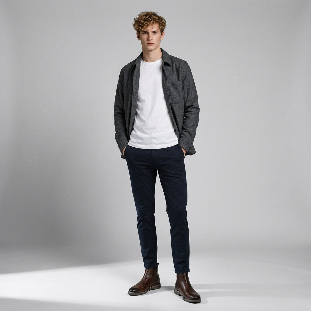 Model wearing brown Falk Chelsea boots with navy chinos and a grey overshirt