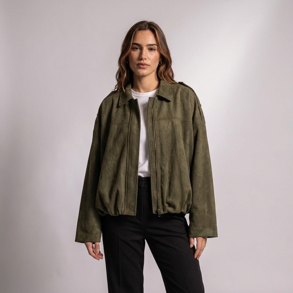 Model in the Army Green Brisa suede bomber with a white T-shirt and black trousers, front view