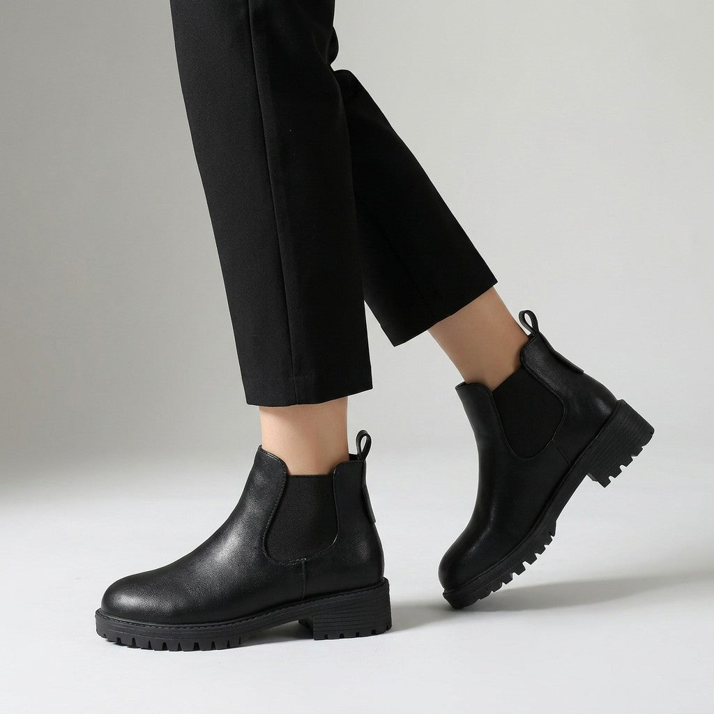 Ines black Chelsea boots worn mid-stride, elastic side panel and lug sole visible