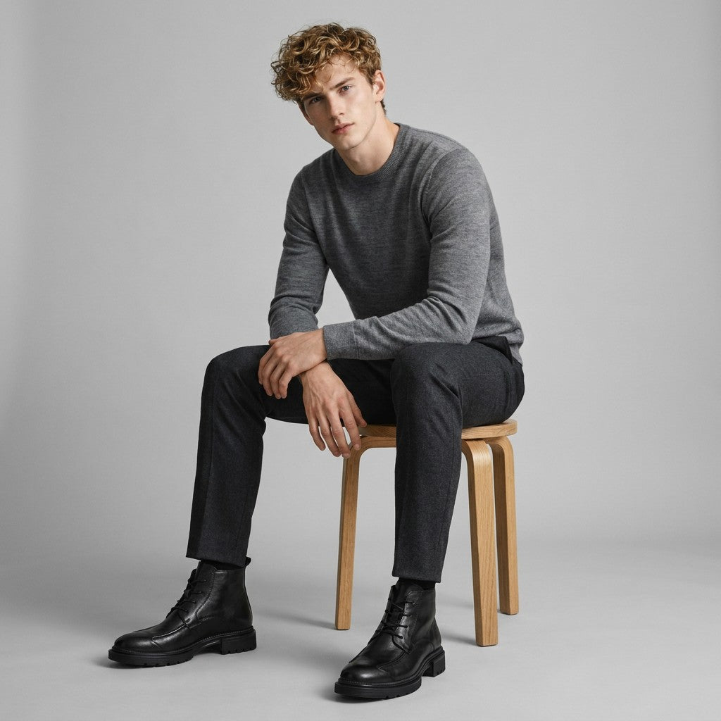 Model seated on a wooden stool wearing black Nils boots with charcoal trousers