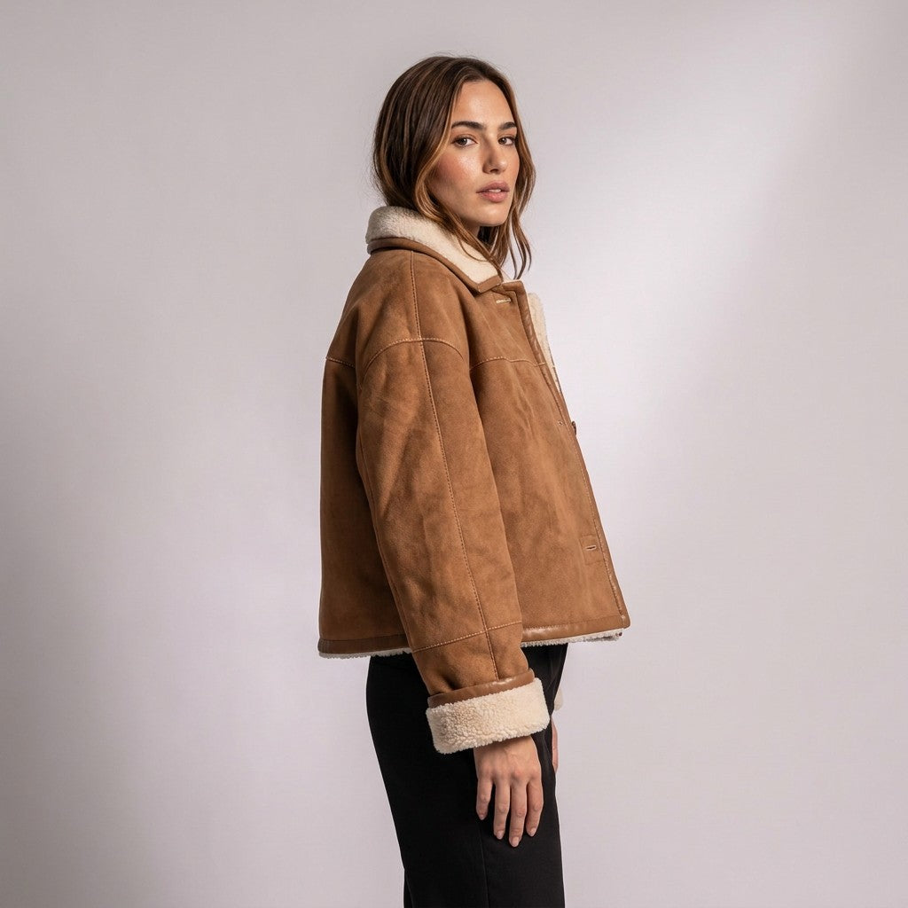 Side view of the Greta jacket showing the dropped shoulder, boxy hip-length cut and shearling cuff