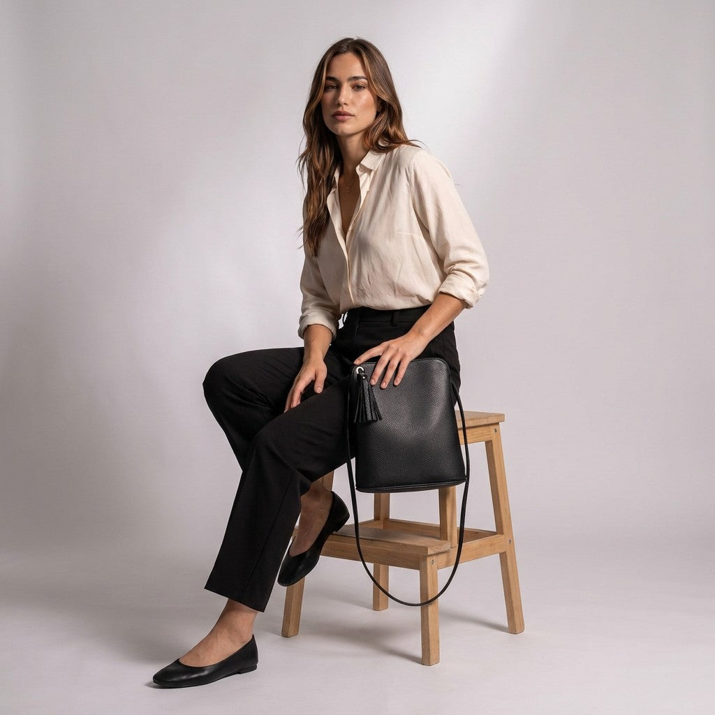 Model seated on a wooden stool with the Solveig bag on her lap