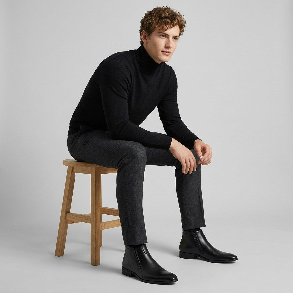 Model in a black roll-neck seated on a wooden stool wearing black Ivo boots