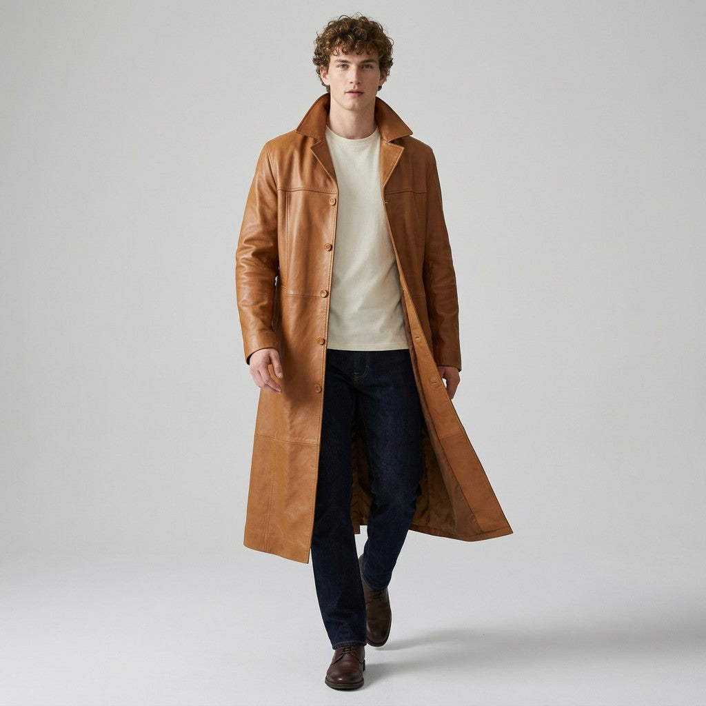 Model walking in the tan Anselm leather coat worn open with dark jeans