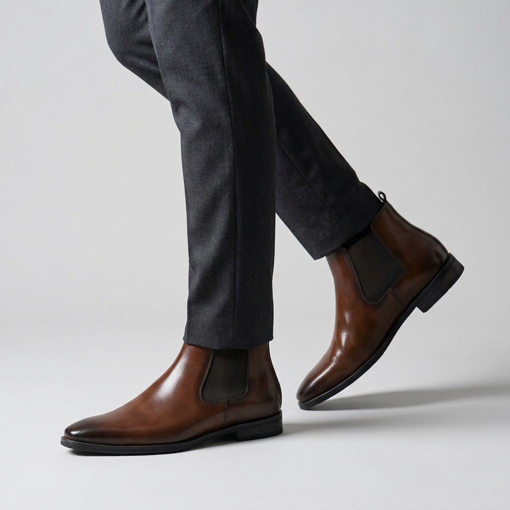 Brown Jasper Chelsea boots mid-stride with charcoal tailored trousers