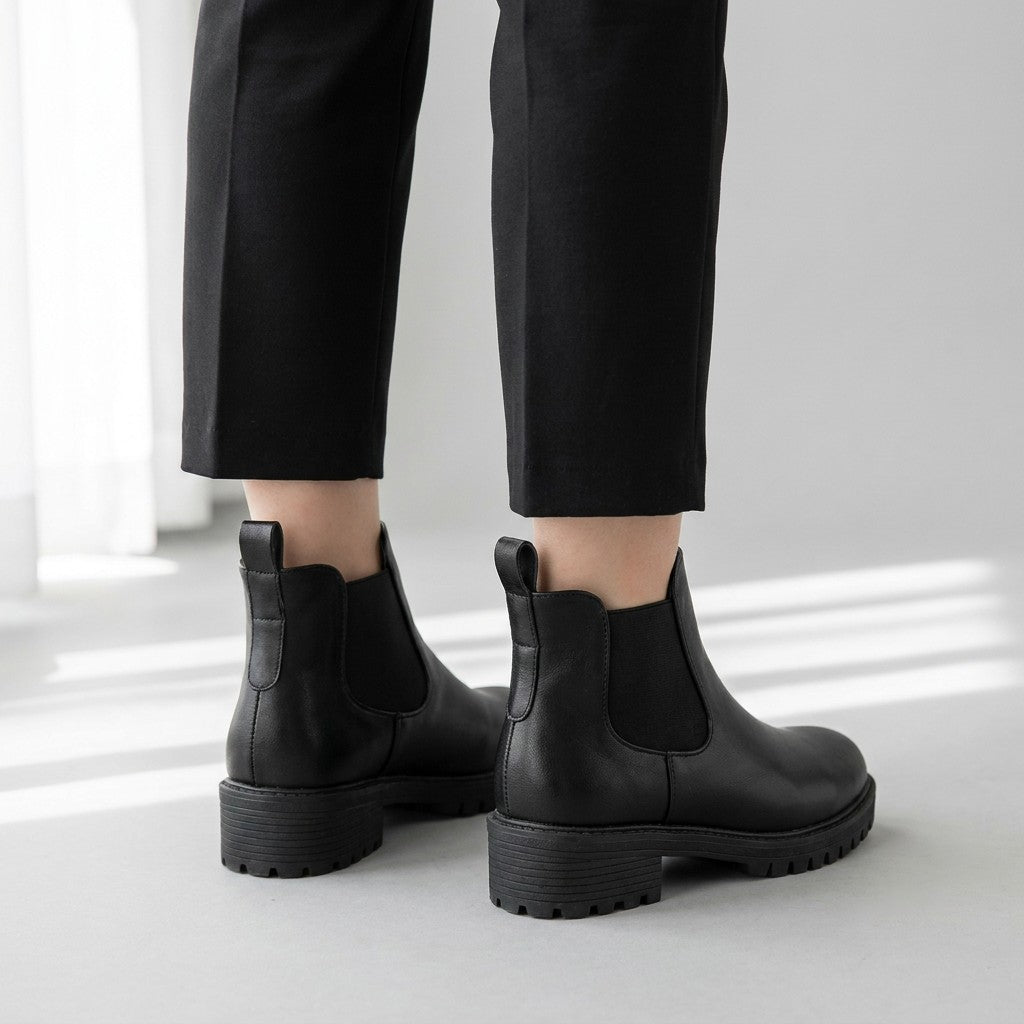Rear three-quarter view of Ines Chelsea boots showing the pull loops and block heels