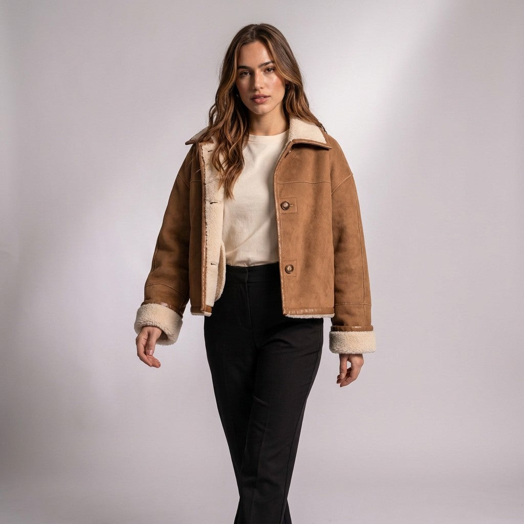 Model in the Greta tan suede jacket worn open over a cream T-shirt and black trousers