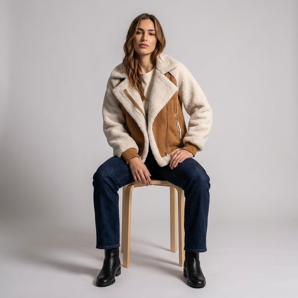 Model seated on a wooden stool in the Tan Fenna shearling jacket and dark jeans