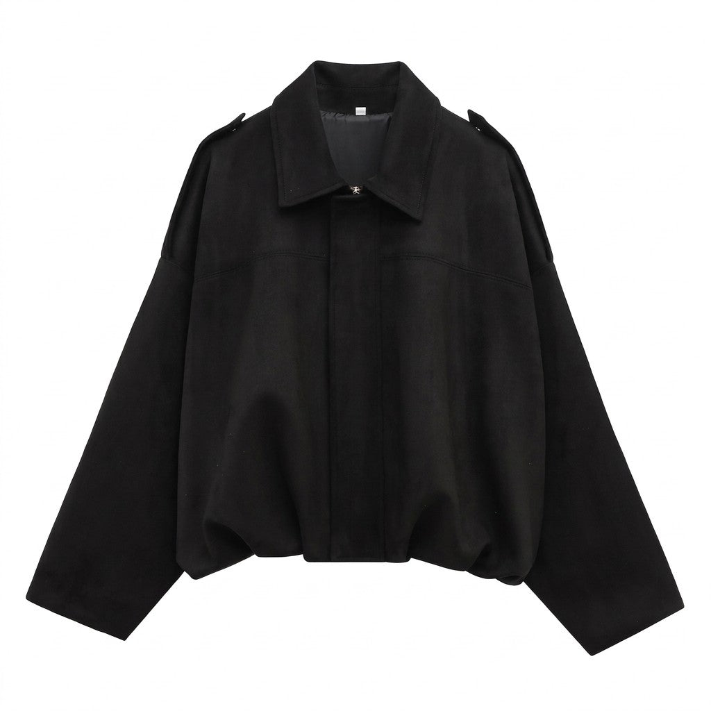 Black Brisa suede bomber jacket on white with concealed zip placket and point collar