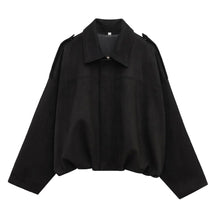 Black Brisa suede bomber jacket on white with concealed zip placket and point collar