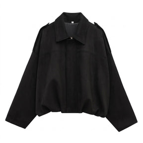 Black Brisa suede bomber jacket on white with concealed zip placket and point collar