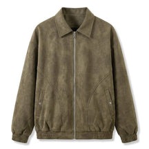 Emeric suede blouson jacket in olive brown, front view on white with elasticated cuffs
