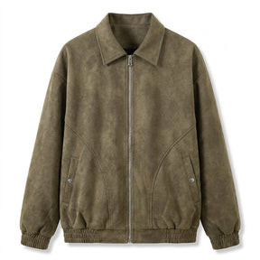 Emeric suede blouson jacket in olive brown, front view on white with elasticated cuffs