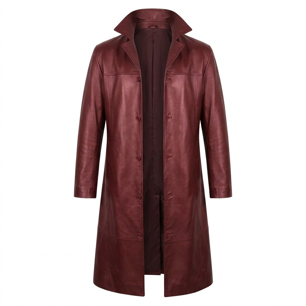 Anselm long leather coat in burgundy, front view on white with turn-down collar