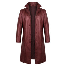 Anselm long leather coat in burgundy, front view on white with turn-down collar