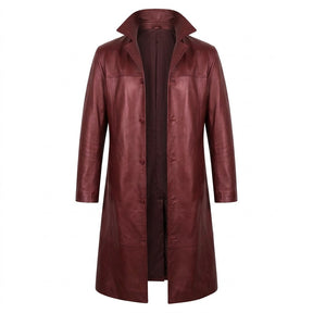 Anselm long leather coat in burgundy, front view on white with turn-down collar