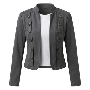 Front view of the Elodie military jacket in grey suede with stand collar