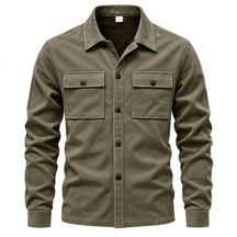 Dorian suede shirt jacket in olive green, front view on white with straight hem