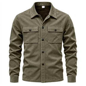 Dorian suede shirt jacket in olive green, front view on white with straight hem