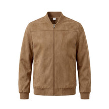 Corvin suede bomber jacket in tan, front view on white with tonal ribbed cuffs and hem