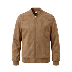 Corvin suede bomber jacket in tan, front view on white with tonal ribbed cuffs and hem