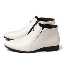 Pair of white Ivo leather dress ankle boots on white with black inside zip and heel