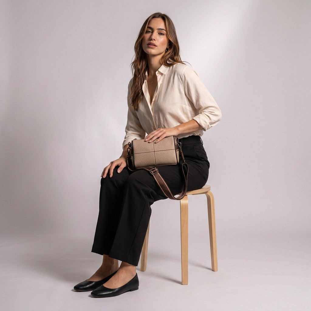 Model seated on a wooden stool with the beige Bellamy leather bag on her lap