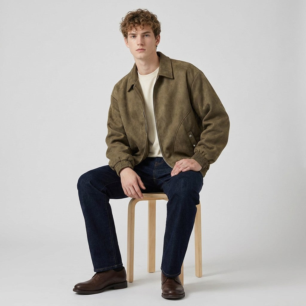 Model seated on a wooden stool wearing the brown Emeric suede jacket with dark jeans