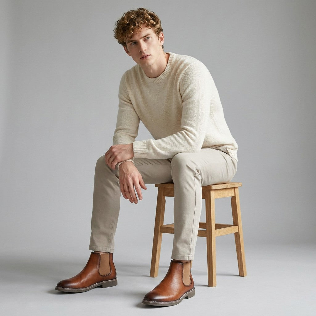 Model seated on a stool wearing tan Falk Chelsea boots with beige chinos