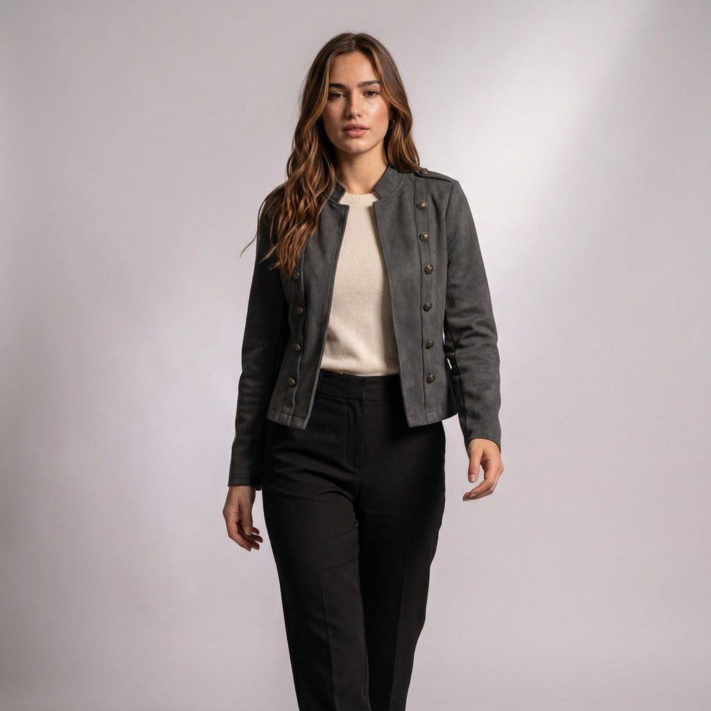 Model walking in the grey Elodie cropped suede military jacket