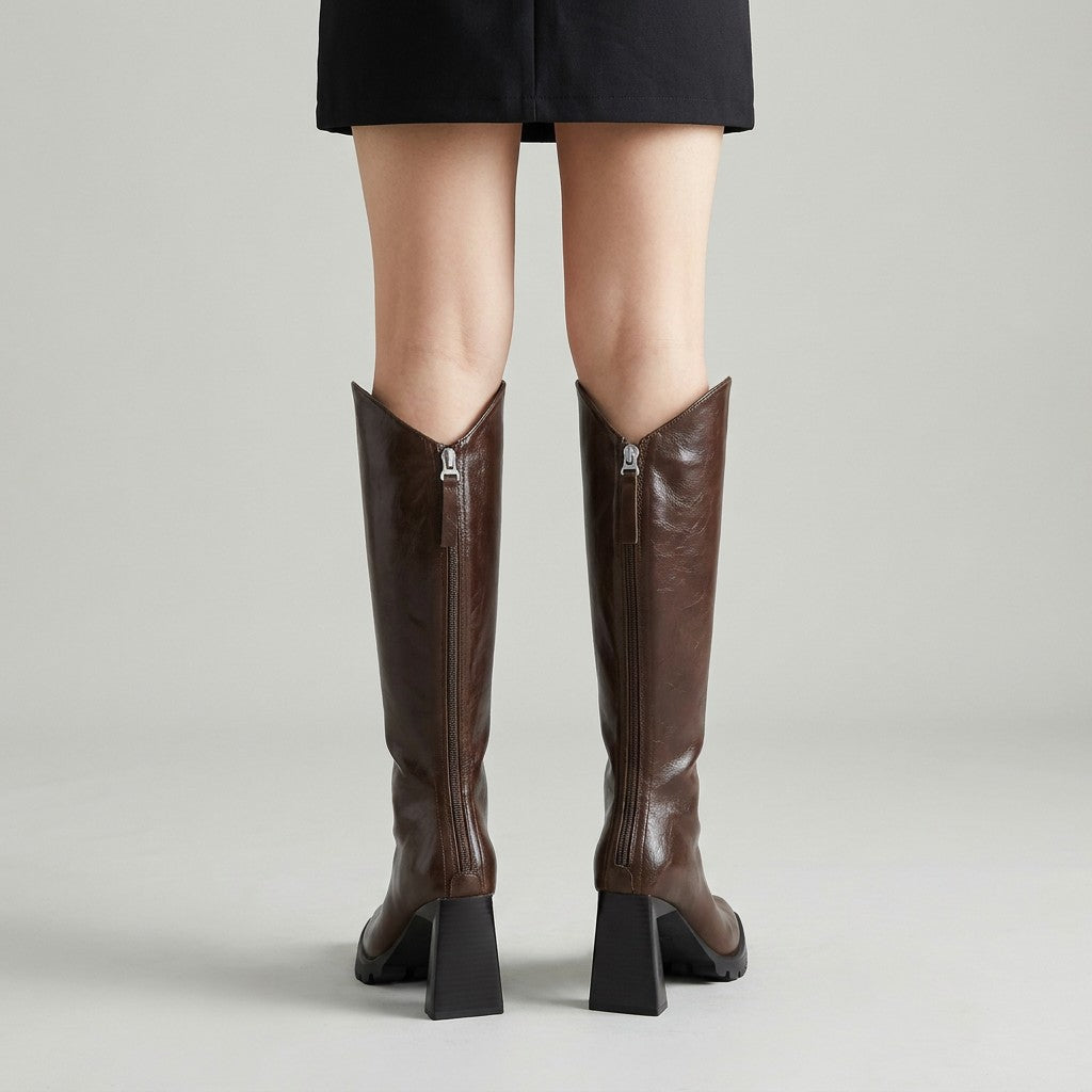 Back view of brown Mirela boots showing the full-length zip and pull tabs