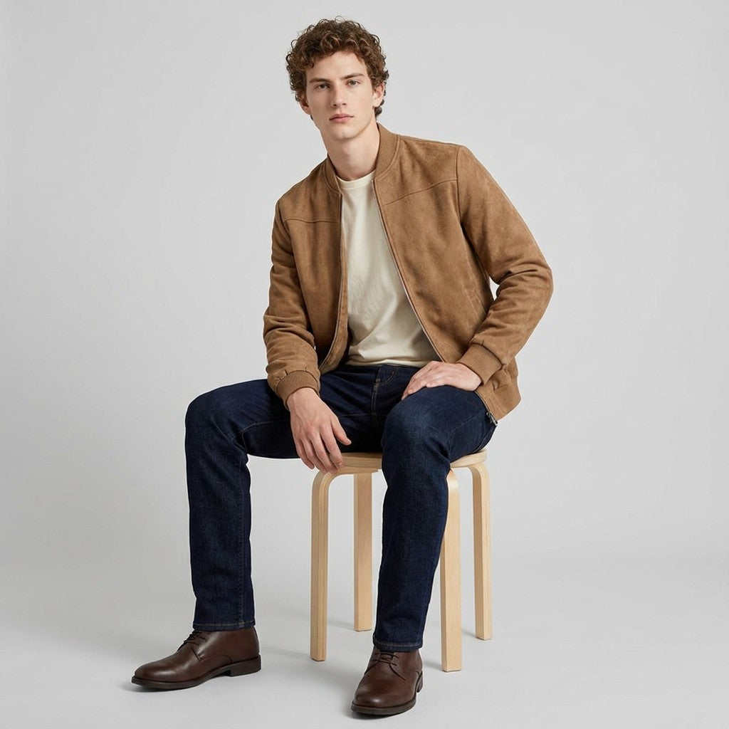 Model seated on a wooden stool wearing the tan Corvin bomber with dark jeans