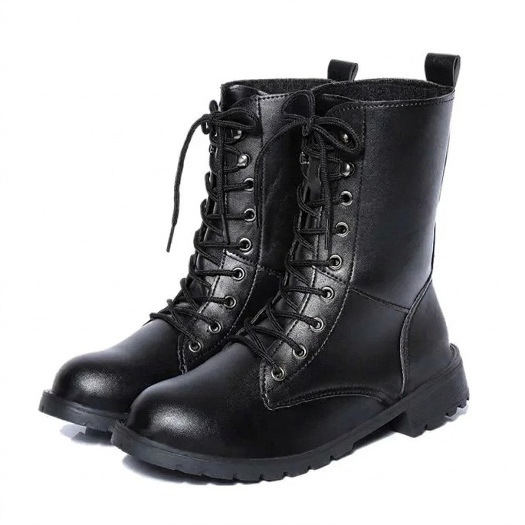 Front three-quarter view of the Lysandra boots showing the full lacing and metal eyelets