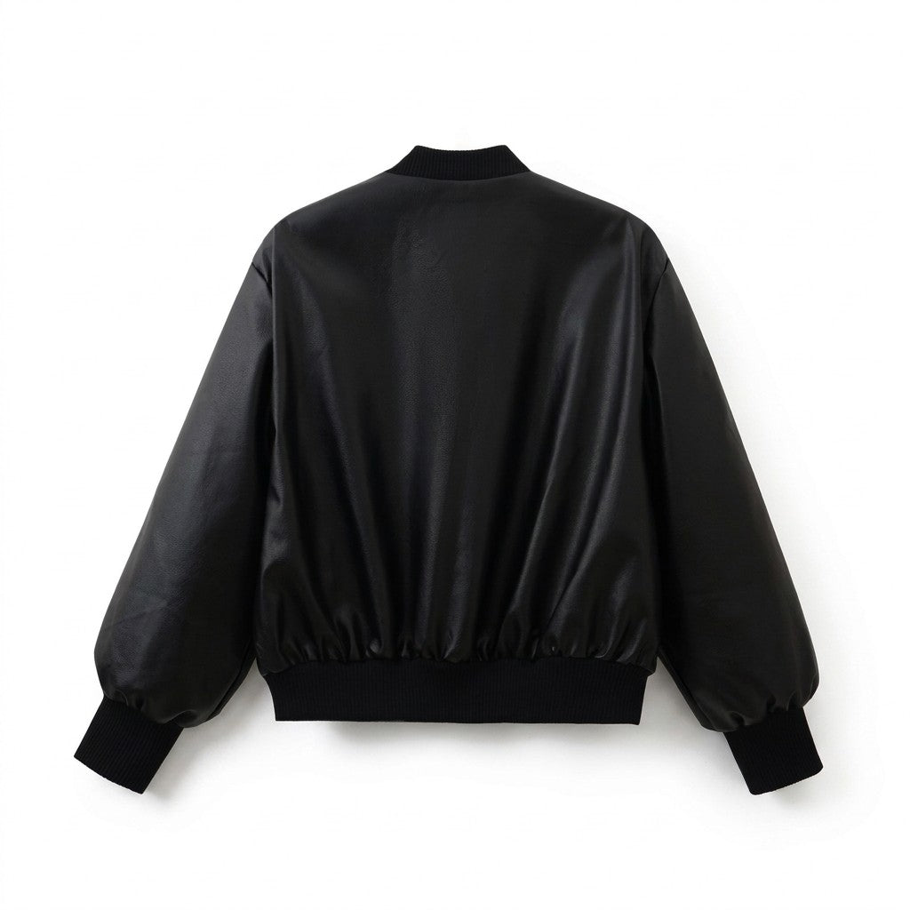 Back view of the Aurelia black leather bomber on white with balloon sleeves and rib-knit cuffs