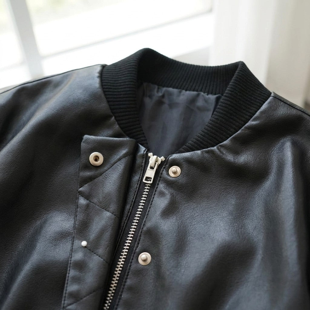 Close-up of the Aurelia silver zip, press studs and zigzag-stitched storm flap at the ribbed collar