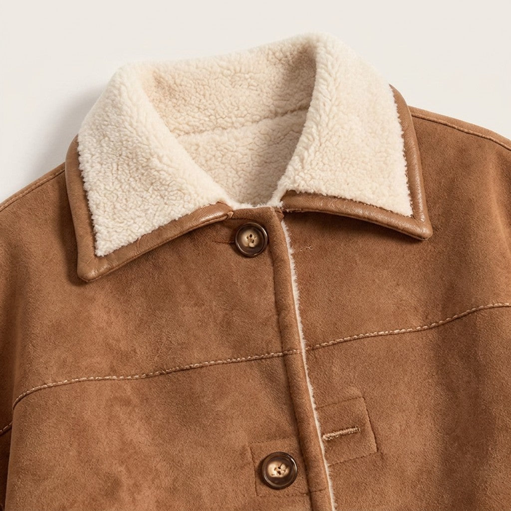 Close-up of the Greta shearling collar, horn-look buttons, bound buttonhole and contrast topstitching