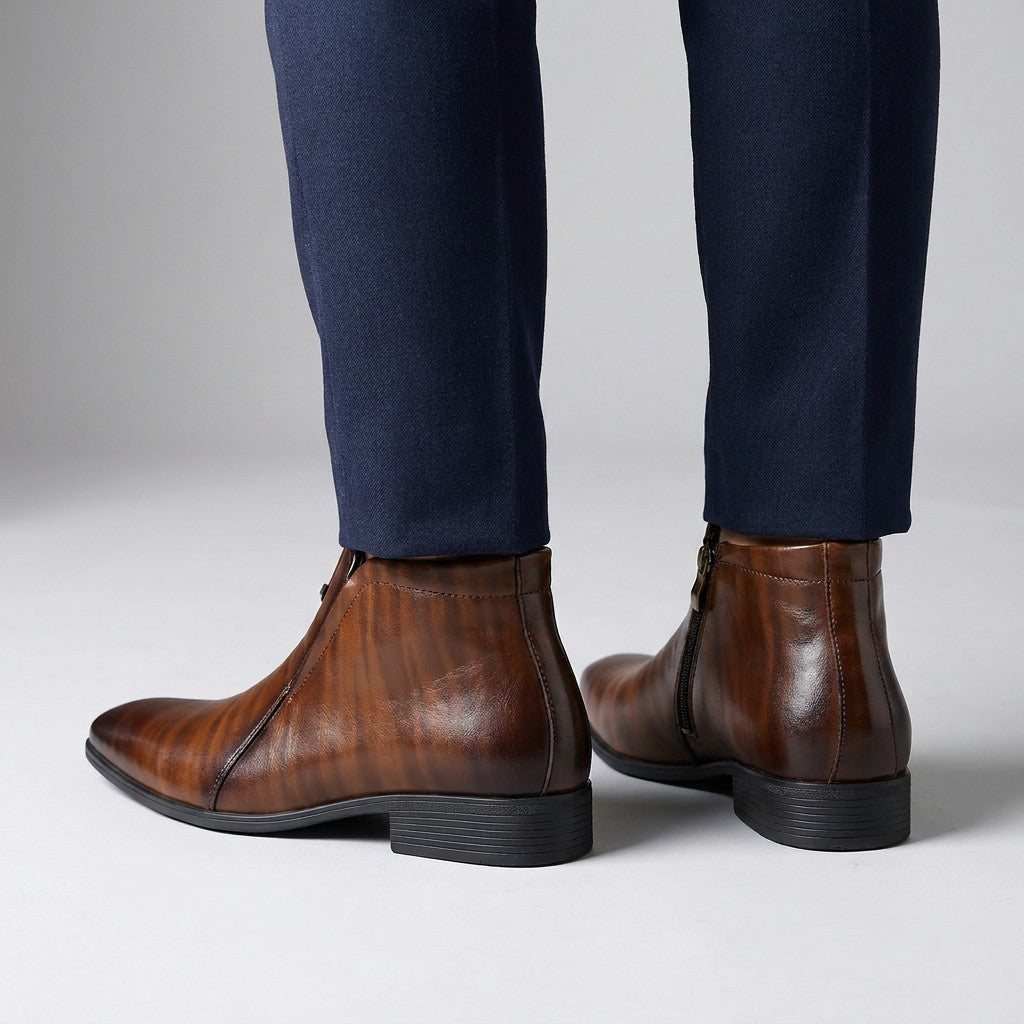 Back view of brown Ivo boots showing the inner side zip and stacked block heel