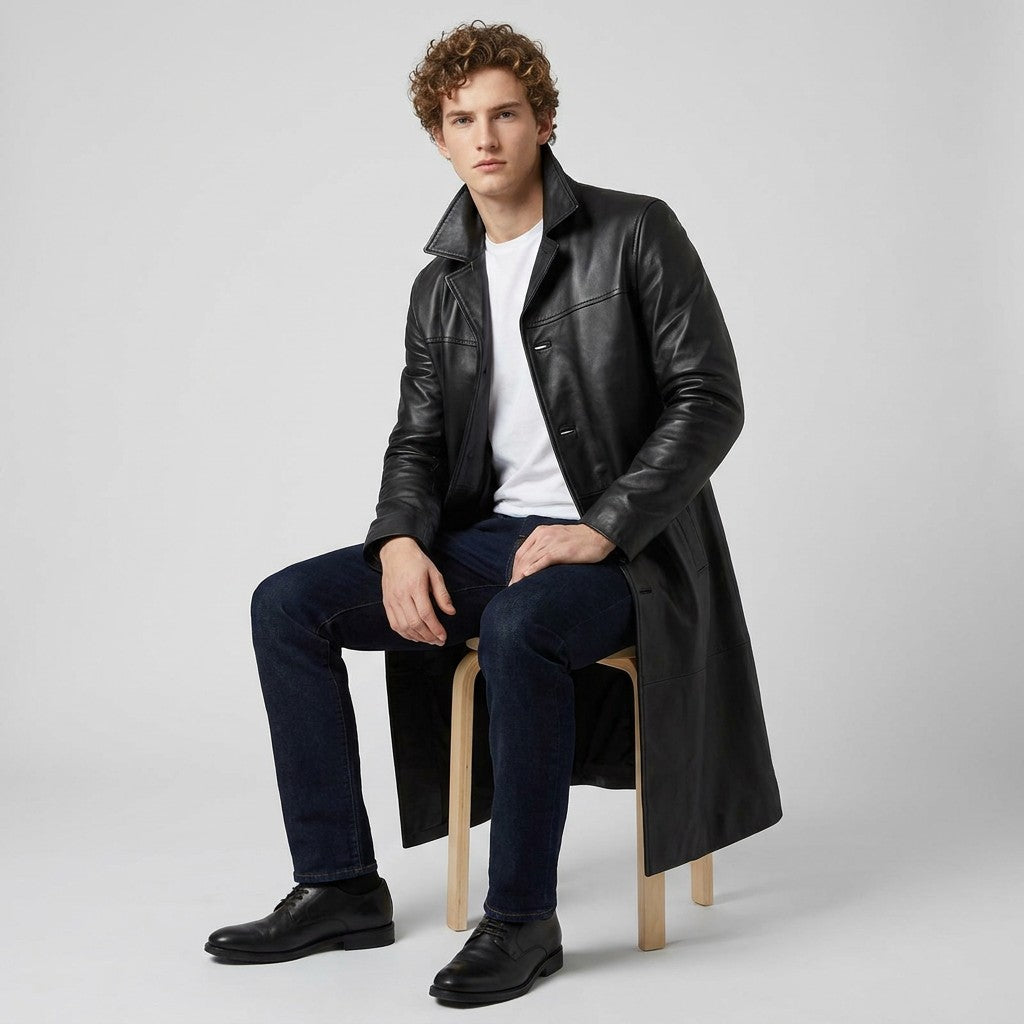 Model seated on a wooden stool wearing the black Anselm coat open