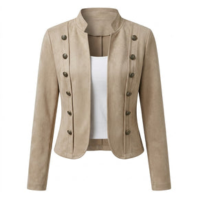 Front view of the Elodie military jacket in beige suede