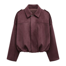 Brisa suede bomber jacket in Burgundy on white with dropped shoulders and wide sleeves