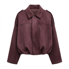 Brisa suede bomber jacket in Burgundy on white with dropped shoulders and wide sleeves