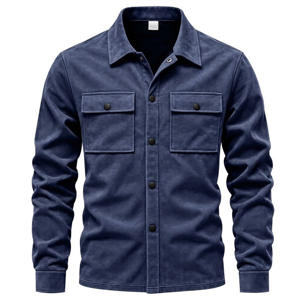 Dorian suede shirt jacket in navy blue, front view with matte black snap buttons