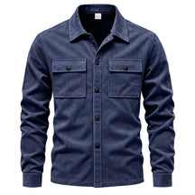 Dorian suede shirt jacket in navy blue, front view with matte black snap buttons