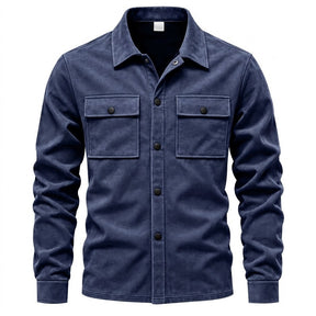 Dorian suede shirt jacket in navy blue, front view with matte black snap buttons