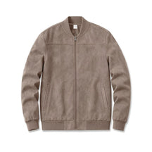 Corvin suede bomber jacket in taupe, front view on white, zipped to the collar