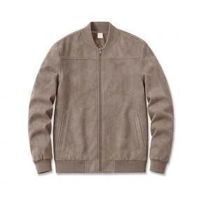 Corvin suede bomber jacket in taupe, front view on white, zipped to the collar