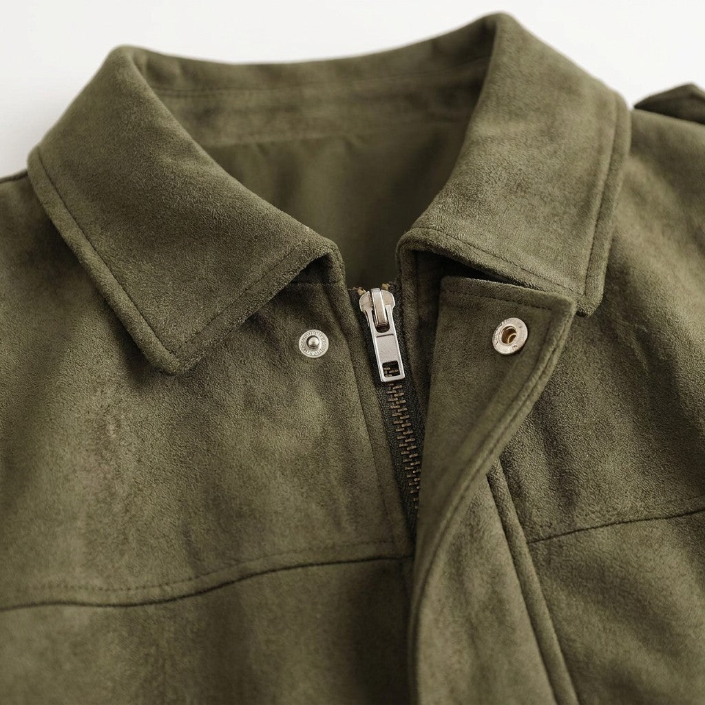 Close-up of the Brisa metal zip and silver press stud under the suede point collar